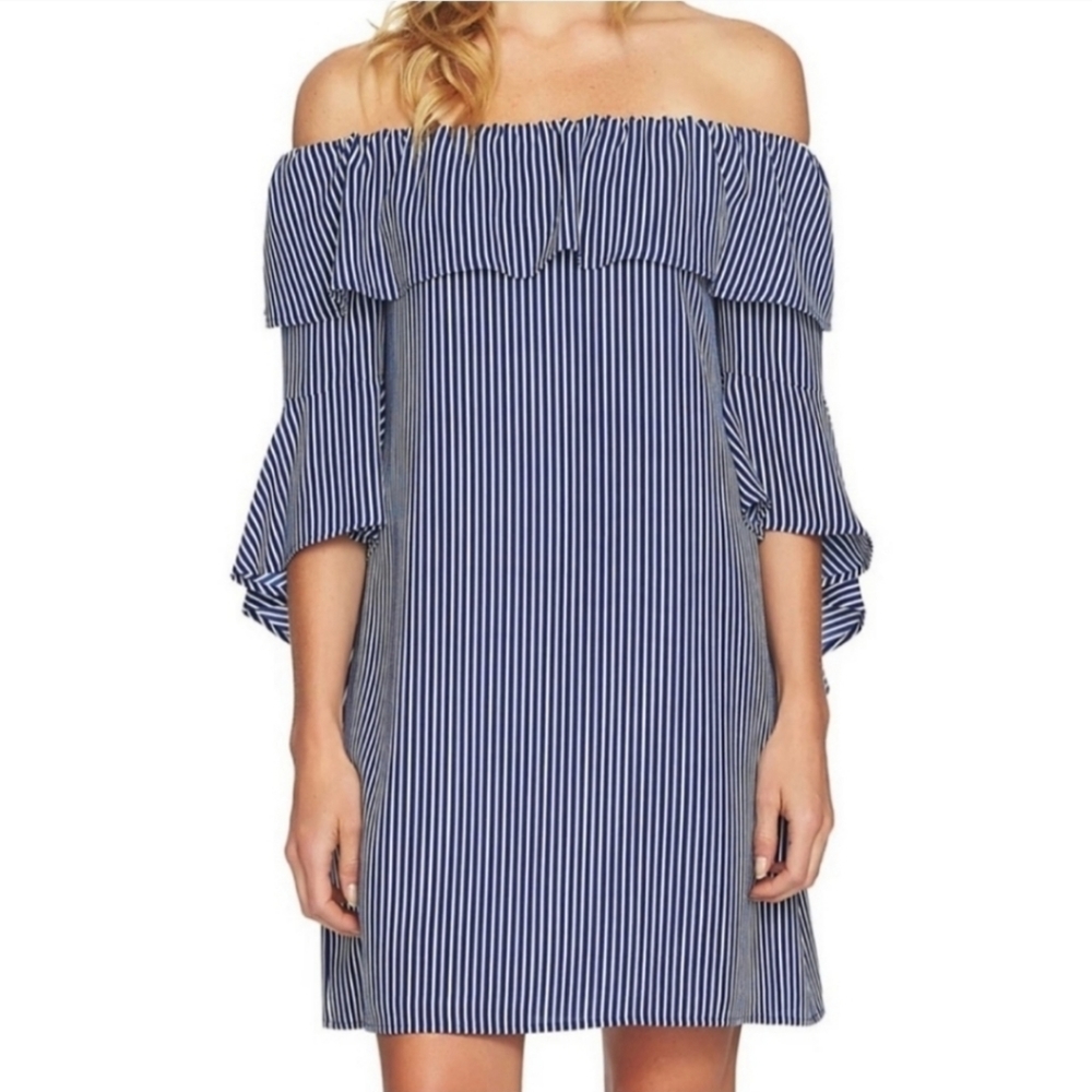 Cece, Navy Blue Striped Off the Shoulder Sleeve Dress, Size 12
